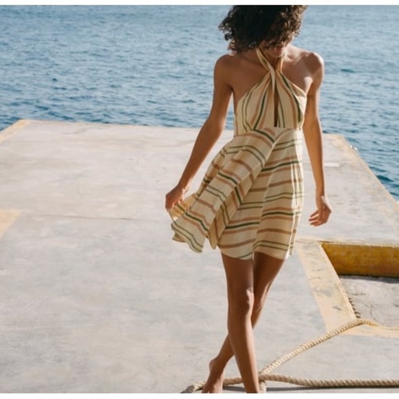 Zara Striped Halter Mini Dress Sleeveless Casual Summer Beach Vacation M - Picture 1 of 5